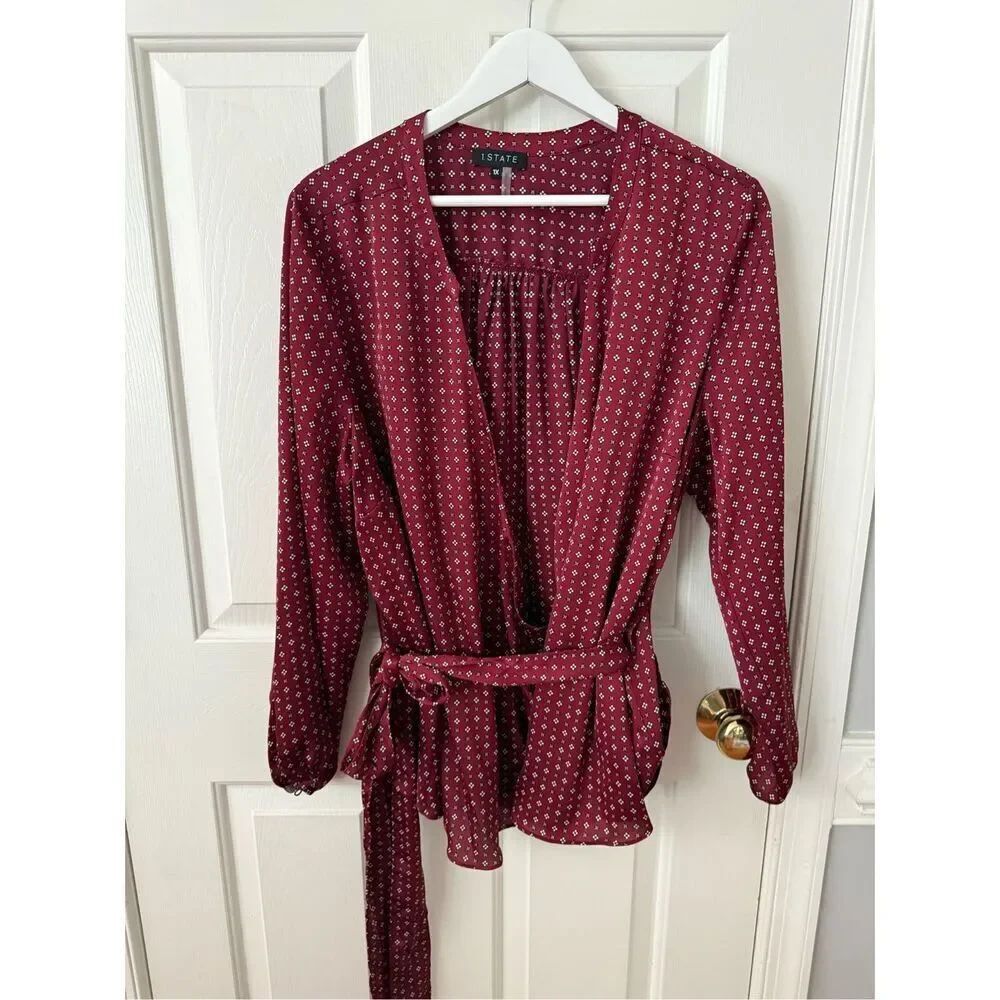 1.State Burgundy Ditsy Print Surplice Wrap Top sz 1X NWOT